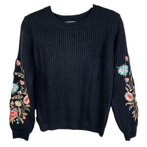 Woven Heart Black Colorful Embroidered Puff Sleeve Sweater Cotton Whimsigoth XS